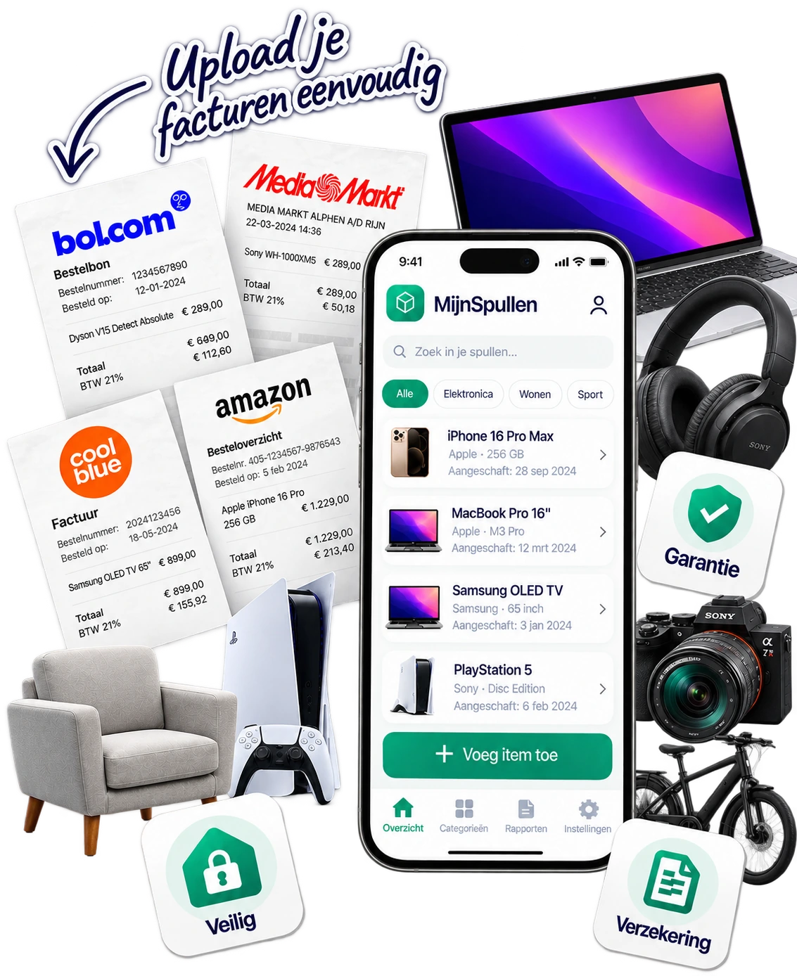 De MijnSpullen-app met je spullen, omringd door facturen, een laptop, koptelefoon, camera, e-bike en tegels voor garantie, verzekering en veiligheid